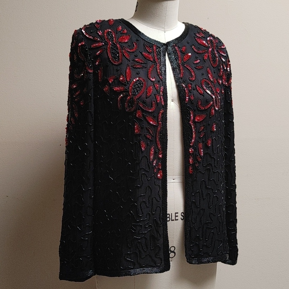 AP Ltd Black Silk Beaded w Red Sequins Top Size M - Picture 2 of 15